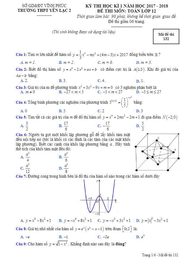 Đề thi học kỳ 1 Toán 12 năm học 2017 – 2018 trường THPT Yên Lạc 2 – Vĩnh Phúc