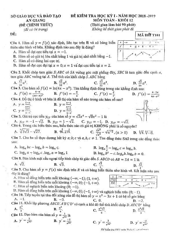 Đề thi học kỳ 1 Toán 12 năm học 2018 – 2019 sở GD và ĐT An Giang