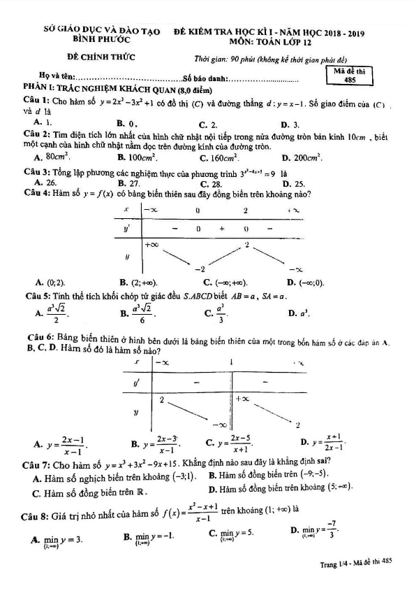 Đề thi học kỳ 1 Toán 12 năm học 2018 – 2019 sở GD và ĐT Bình Phước