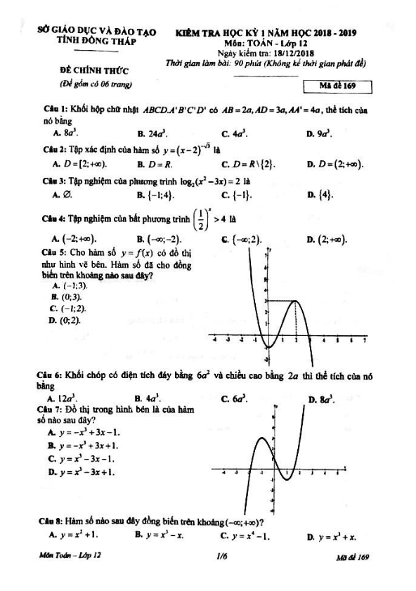 Đề thi học kỳ 1 Toán 12 năm học 2018 – 2019 sở GD và ĐT Đồng Tháp