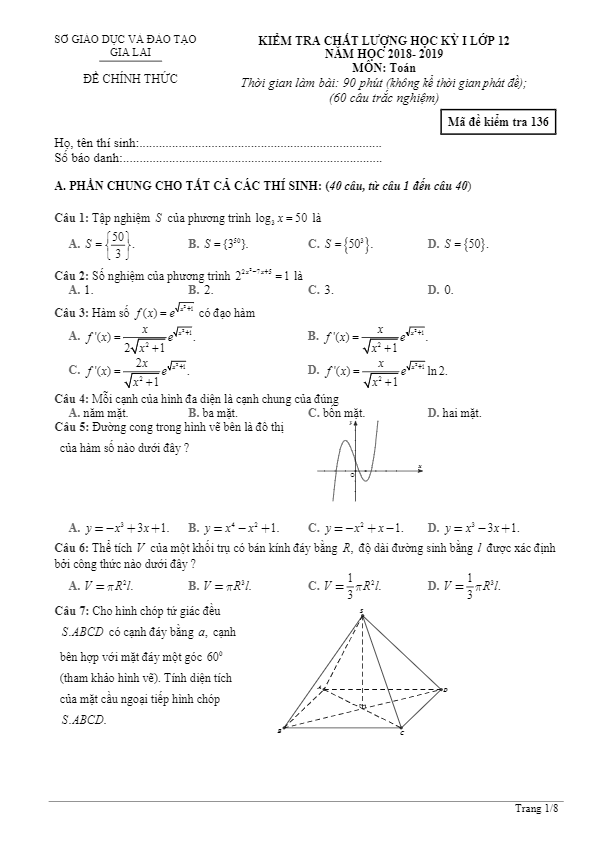 Đề thi học kỳ 1 Toán 12 năm học 2018 – 2019 sở GD và ĐT Gia Lai