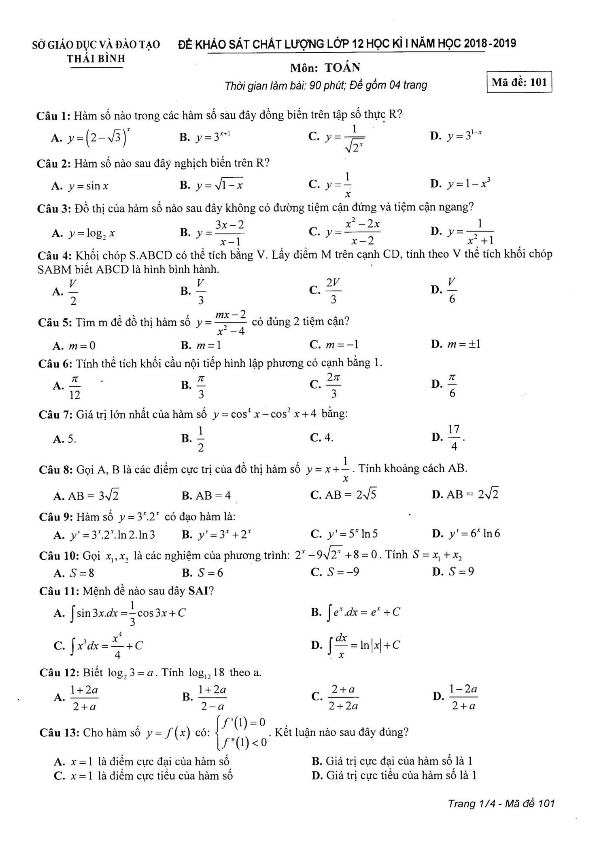 Đề thi học kỳ 1 Toán 12 năm học 2018 – 2019 sở GD&ĐT Thái Bình