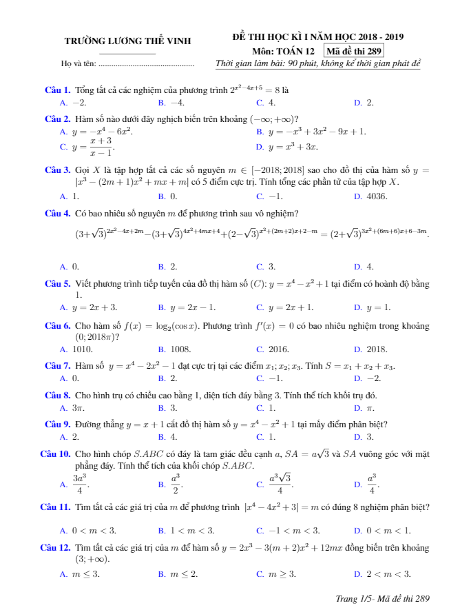 Đề thi học kỳ 1 Toán 12 năm học 2018 – 2019 trường Lương Thế Vinh – Hà Nội