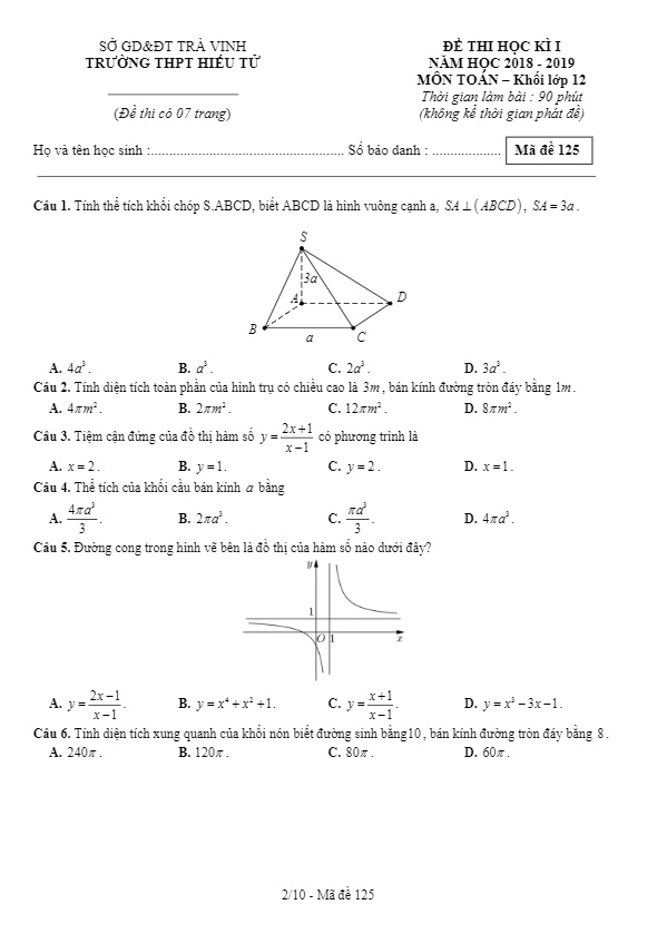 Đề thi học kỳ 1 Toán 12 năm học 2018 – 2019 trường THPT Hiếu Tử – Trà Vinh