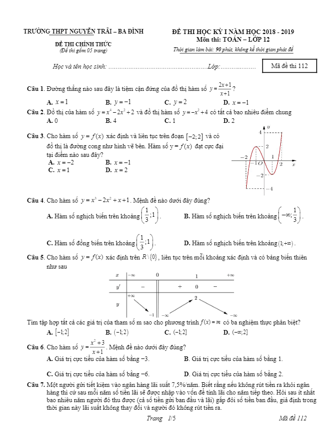 Đề thi học kỳ 1 Toán 12 năm học 2018 – 2019 trường THPT Nguyễn Trãi – Hà Nội