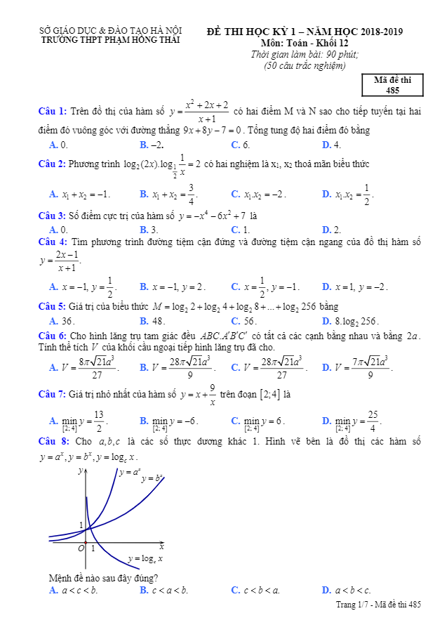 Đề thi học kỳ 1 Toán 12 năm học 2018 – 2019 trường THPT Phạm Hồng Thái – Hà Nội