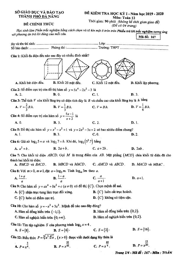 Đề thi học kỳ 1 Toán 12 năm học 2019 – 2020 sở GD&ĐT Đà Nẵng