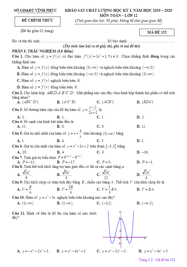 Đề thi học kỳ 1 Toán 12 năm học 2019 – 2020 sở GD&ĐT Vĩnh Phúc
