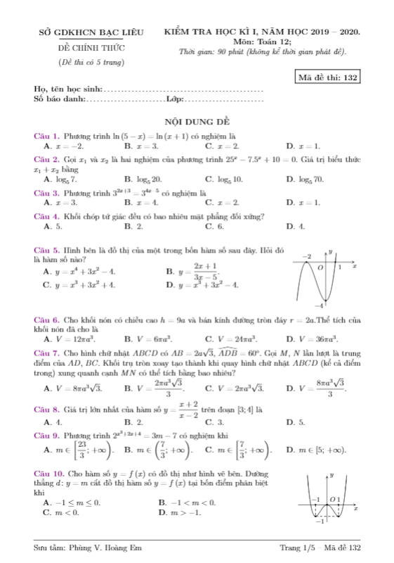 Đề thi học kỳ 1 Toán 12 năm học 2019 – 2020 sở GDKHCN Bạc Liêu