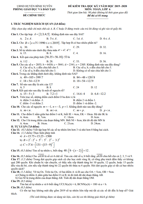 Đề thi học kỳ 1 Toán 6 năm 2019 – 2020 phòng GD&ĐT Bình Xuyên – Vĩnh Phúc