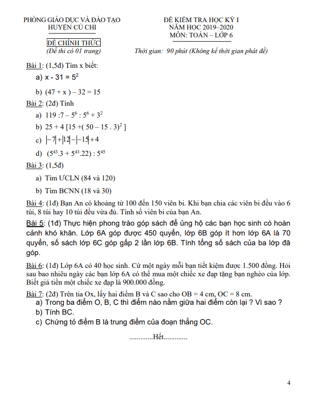 Đề thi học kỳ 1 Toán 6 năm 2019 – 2020 phòng GD&ĐT Củ Chi – TP HCM