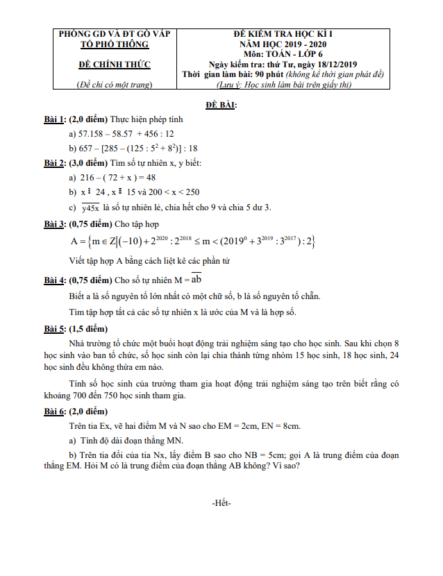 Đề thi học kỳ 1 Toán 6 năm 2019 – 2020 phòng GD&ĐT Gò Vấp – TP HCM
