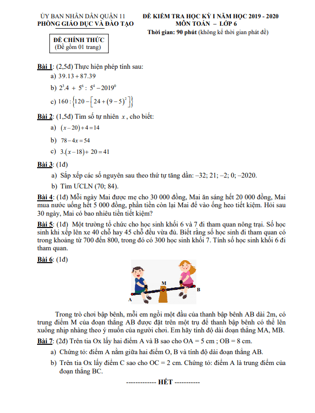 Đề thi học kỳ 1 Toán 6 năm 2019 – 2020 phòng GD&ĐT Quận 11 – TP HCM