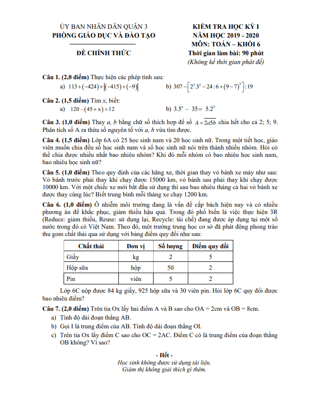 Đề thi học kỳ 1 Toán 6 năm 2019 – 2020 phòng GD&ĐT Quận 3 – TP HCM