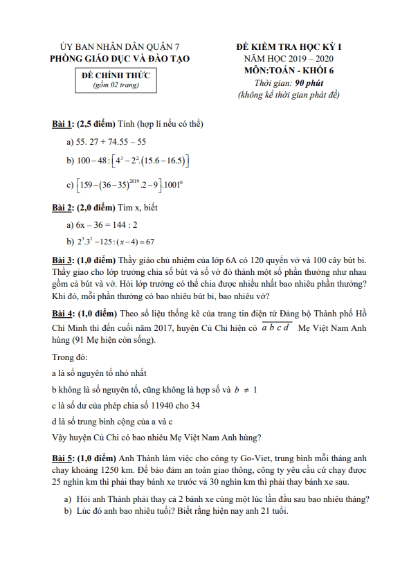Đề thi học kỳ 1 Toán 6 năm 2019 – 2020 phòng GD&ĐT Quận 7 – TP HCM