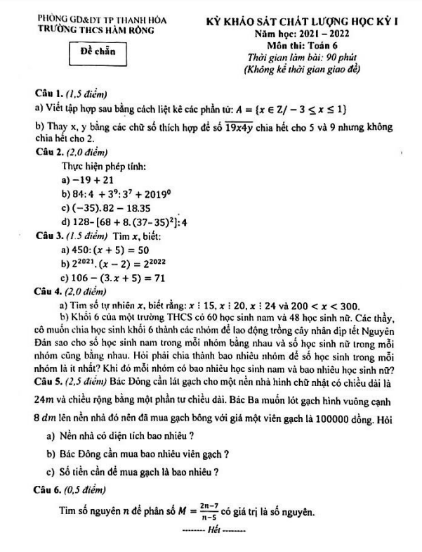Đề thi học kỳ 1 Toán 6 năm 2021 – 2022 trường THCS Hàm Rồng – Thanh Hóa