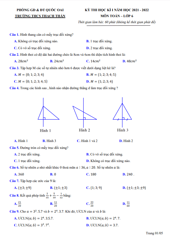 Đề thi học kỳ 1 Toán 6 năm 2021 – 2022 trường THCS Thạch Thán – Hà Nội