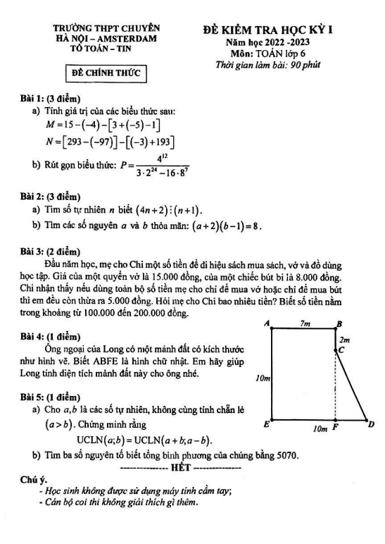Đề thi học kỳ 1 Toán 6 năm 2022 – 2023 trường THPT chuyên Hà Nội – Amsterdam