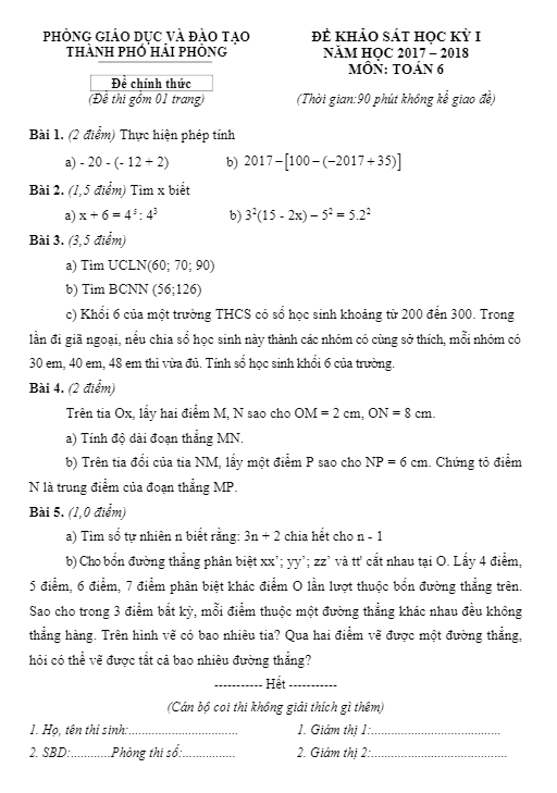 Đề thi học kỳ 1 Toán 6 năm học 2017 – 2018 phòng GD và ĐT thành phố Hải Phòng