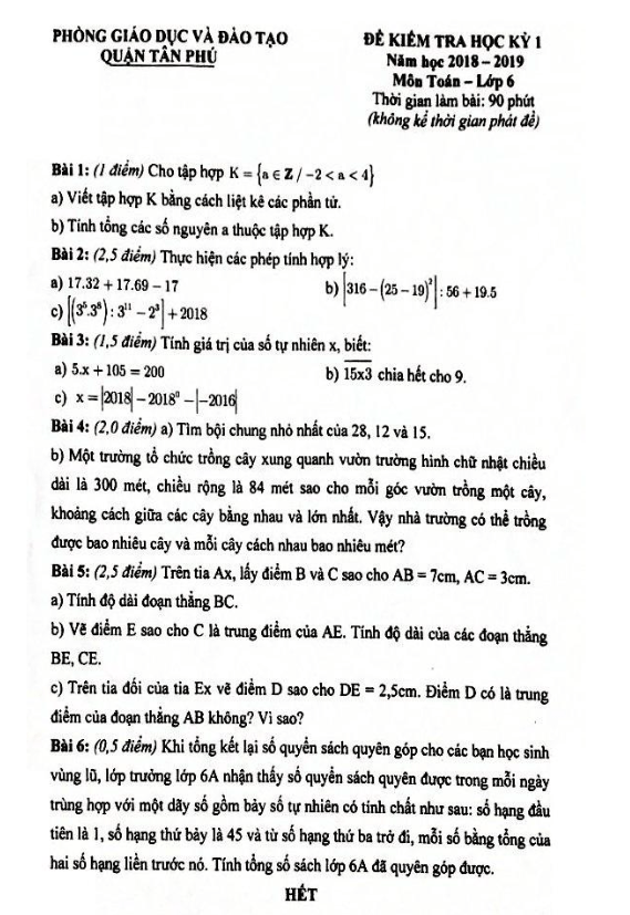 Đề thi học kỳ 1 Toán 6 năm học 2018 – 2019 phòng GD và ĐT Tân Phú – TP. HCM