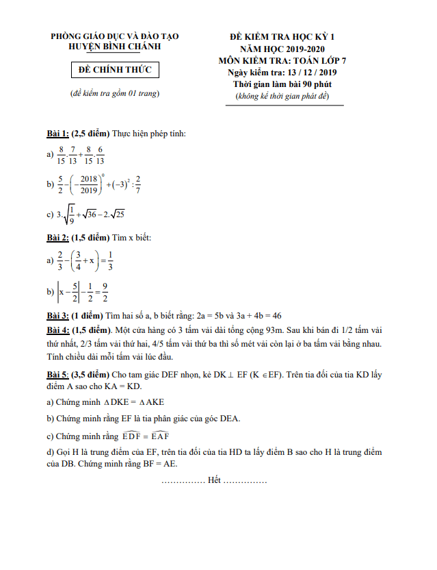 Đề thi học kỳ 1 Toán 7 năm 2019 – 2020 phòng GD&ĐT Bình Chánh – TP HCM