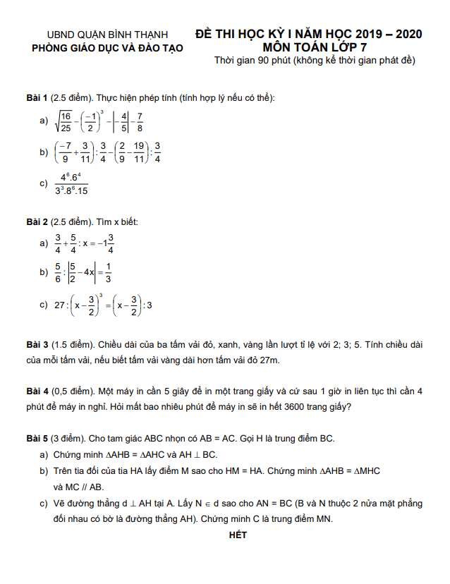Đề thi học kỳ 1 Toán 7 năm 2019 – 2020 phòng GD&ĐT Bình Thạnh – TP HCM