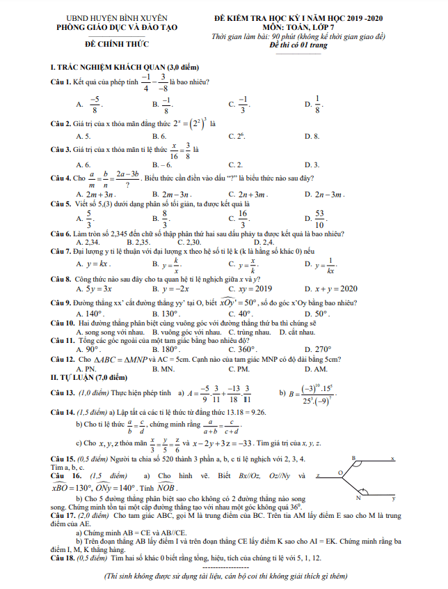 Đề thi học kỳ 1 Toán 7 năm 2019 – 2020 phòng GD&ĐT Bình Xuyên – Vĩnh Phúc