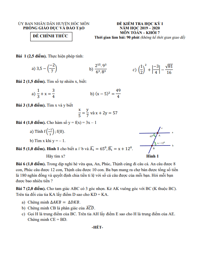 Đề thi học kỳ 1 Toán 7 năm 2019 – 2020 phòng GD&ĐT Hóc Môn – TP HCM