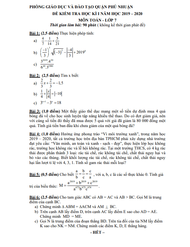 Đề thi học kỳ 1 Toán 7 năm 2019 – 2020 phòng GD&ĐT Phú Nhuận – TP HCM