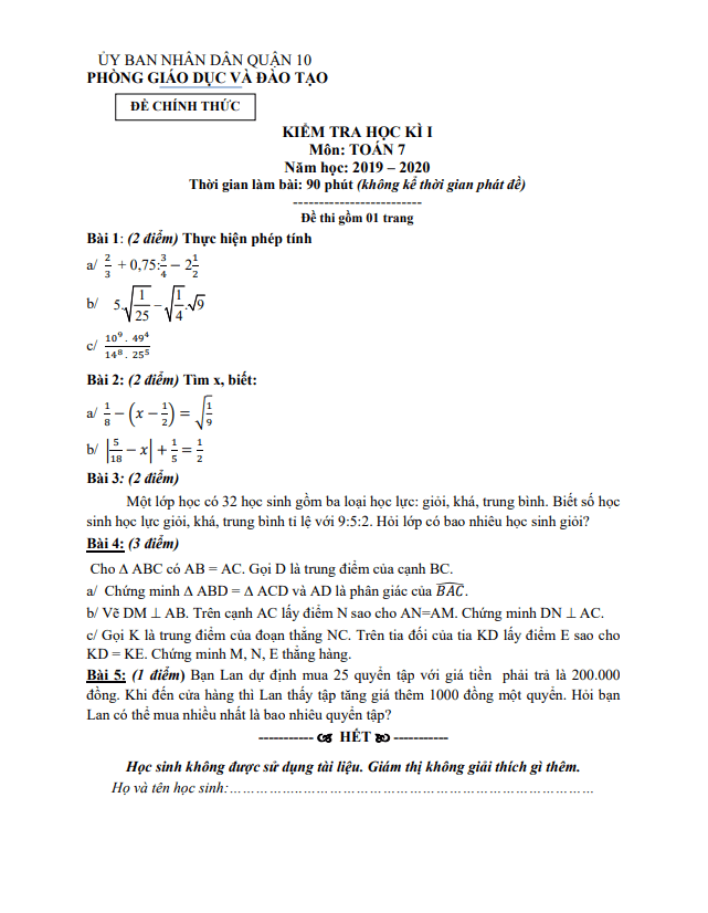 Đề thi học kỳ 1 Toán 7 năm 2019 – 2020 phòng GD&ĐT Quận 10 – TP HCM