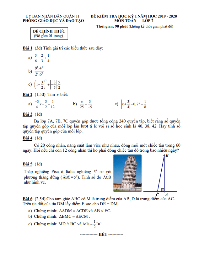 Đề thi học kỳ 1 Toán 7 năm 2019 – 2020 phòng GD&ĐT Quận 11 – TP HCM