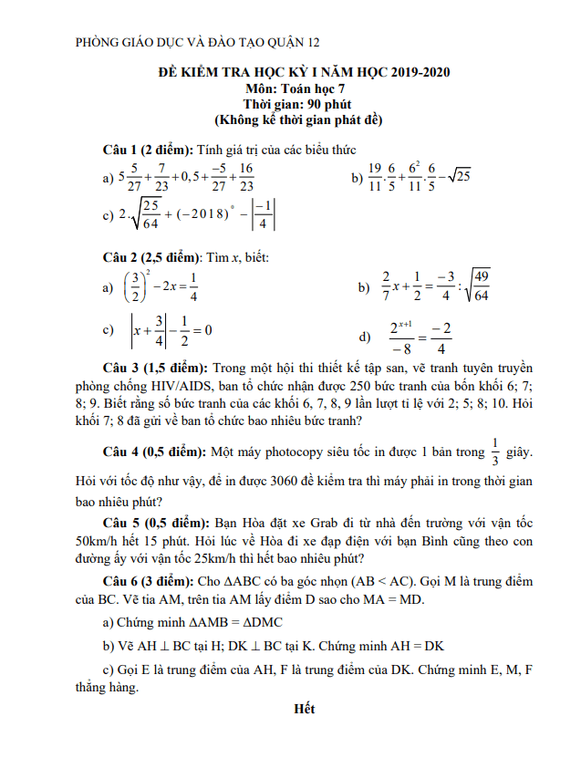 Đề thi học kỳ 1 Toán 7 năm 2019 – 2020 phòng GD&ĐT Quận 12 – TP HCM