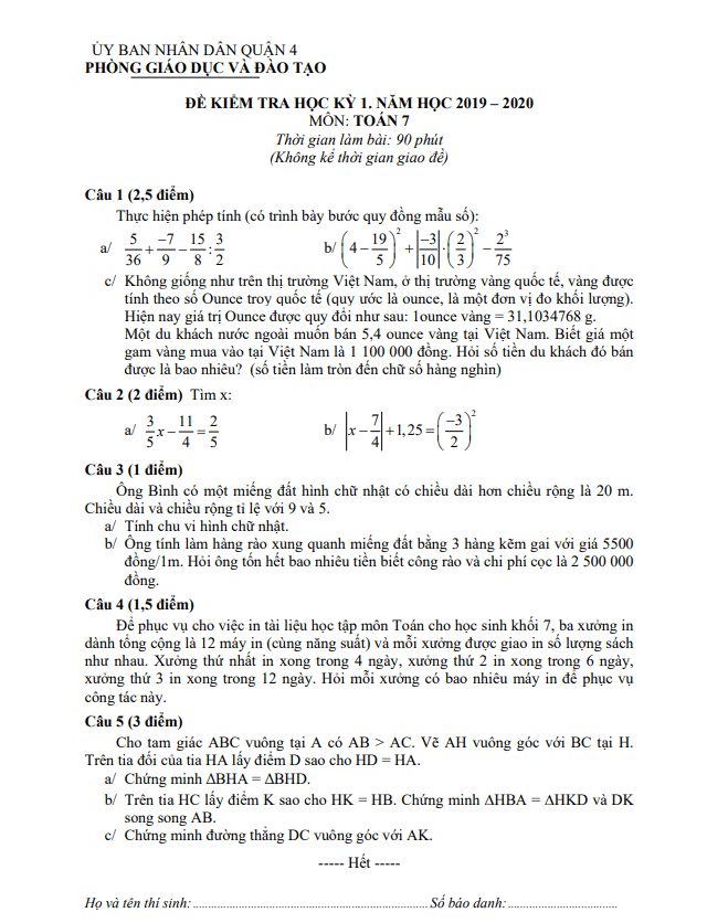 Đề thi học kỳ 1 Toán 7 năm 2019 – 2020 phòng GD&ĐT Quận 4 – TP HCM