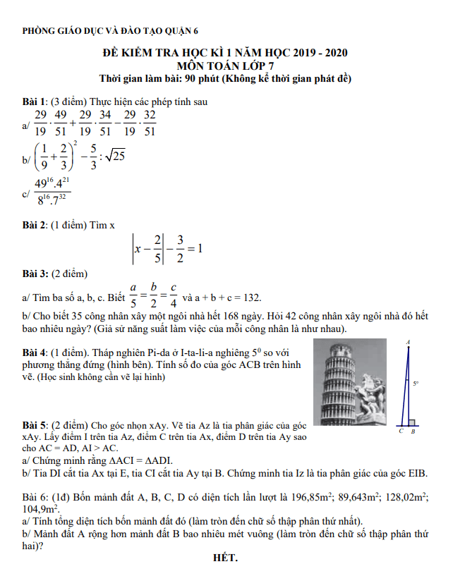 Đề thi học kỳ 1 Toán 7 năm 2019 – 2020 phòng GD&ĐT Quận 6 – TP HCM