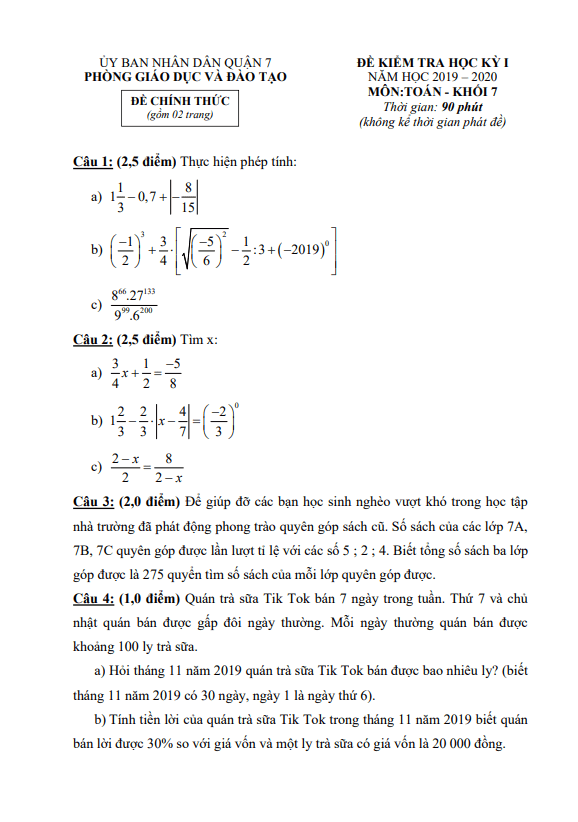 Đề thi học kỳ 1 Toán 7 năm 2019 – 2020 phòng GD&ĐT Quận 7 – TP HCM