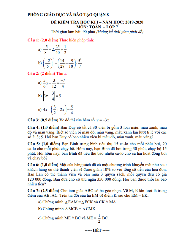 Đề thi học kỳ 1 Toán 7 năm 2019 – 2020 phòng GD&ĐT Quận 8 – TP HCM