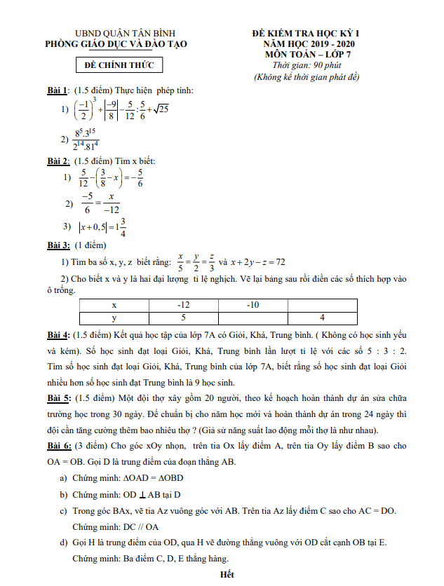 Đề thi học kỳ 1 Toán 7 năm 2019 – 2020 phòng GD&ĐT Tân Bình – TP HCM