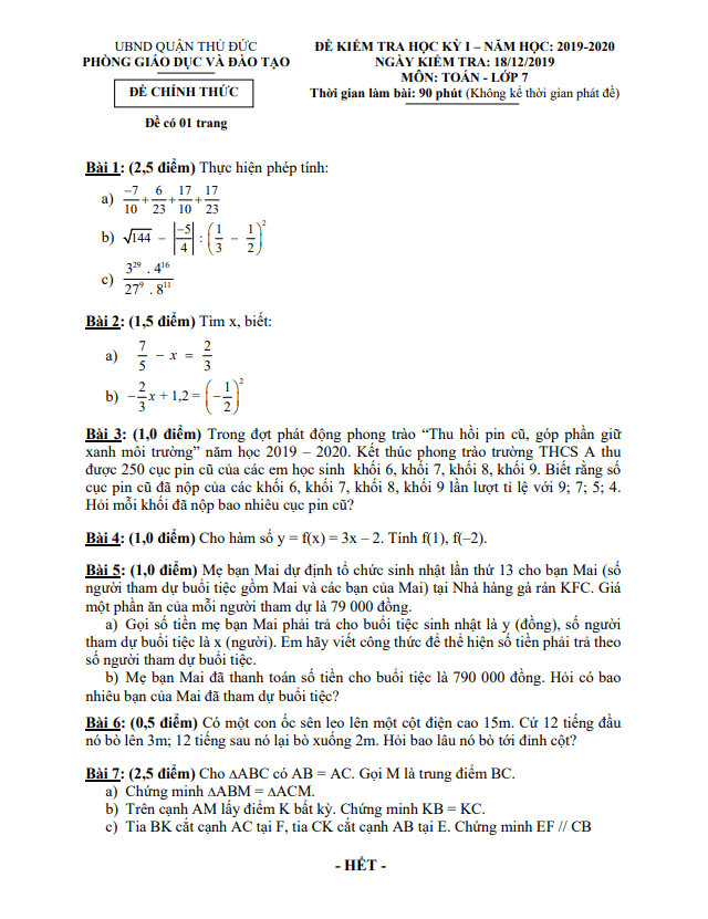 Đề thi học kỳ 1 Toán 7 năm 2019 – 2020 phòng GD&ĐT Thủ Đức – TP HCM