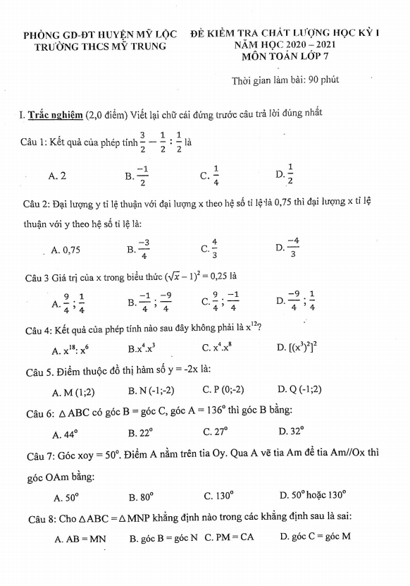 Đề thi học kỳ 1 Toán 7 năm 2020 – 2021 trường THCS Mỹ Trung – Nam Định