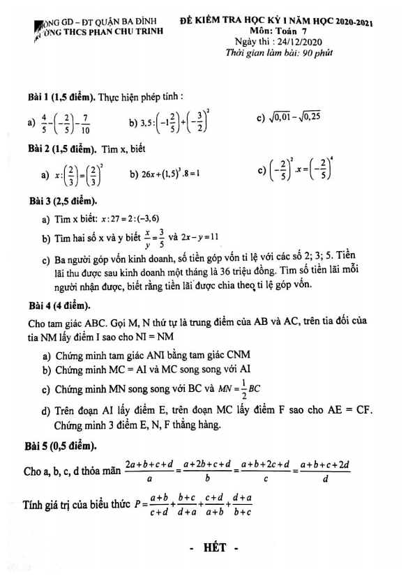 Đề thi học kỳ 1 Toán 7 năm 2020 – 2021 trường THCS Phan Chu Trinh – Hà Nội