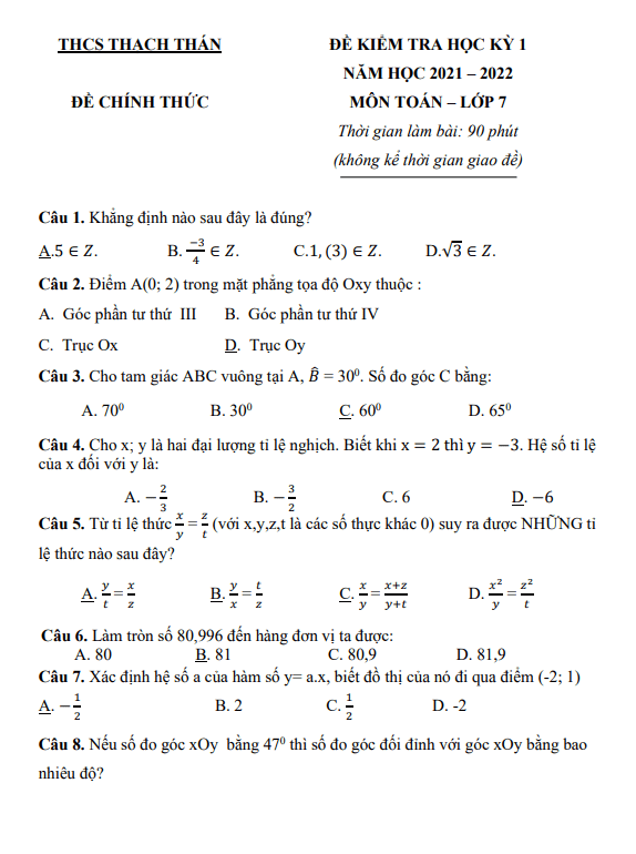 Đề thi học kỳ 1 Toán 7 năm 2021 – 2022 trường THCS Thạch Thán – Hà Nội