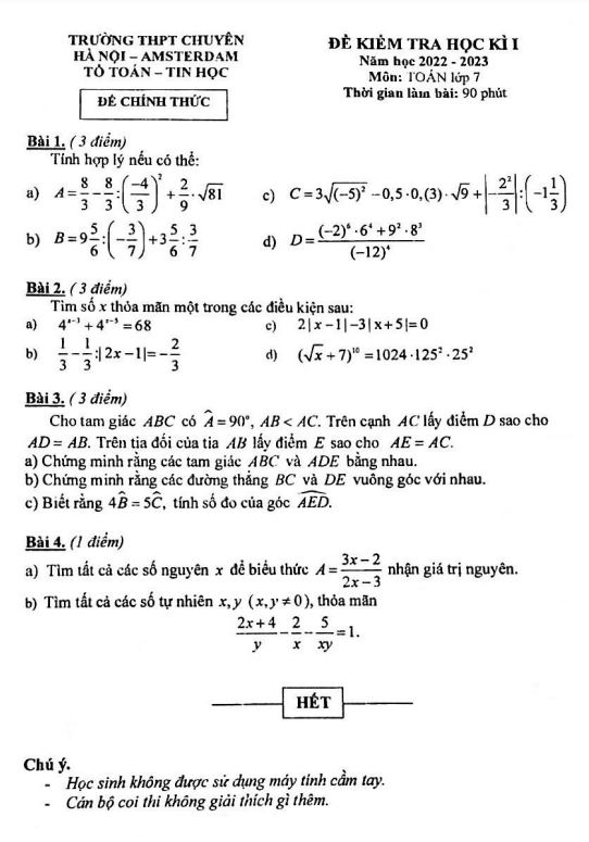 Đề thi học kỳ 1 Toán 7 năm 2022 – 2023 trường THPT chuyên Hà Nội – Amsterdam