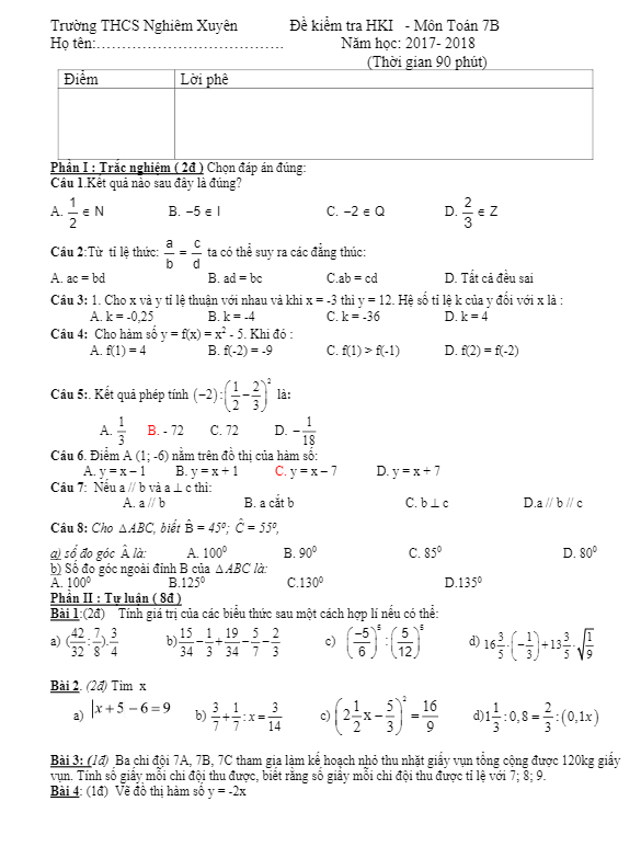 Đề thi học kỳ 1 Toán 7 năm học 2017 – 2018 trường THCS Nghiêm Xuyên – Hà Nội