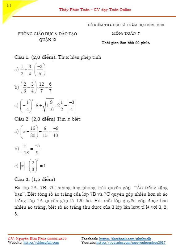 Đề thi học kỳ 1 Toán 7 năm học 2018 – 2019 phòng GD&ĐT Quận 12 – TP. HCM