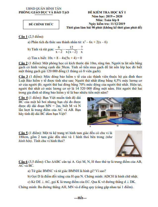 Đề thi học kỳ 1 Toán 8 năm 2019 – 2020 phòng GD&ĐT Bình Tân – TP HCM