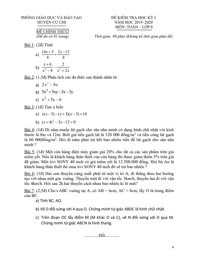 Đề thi học kỳ 1 Toán 8 năm 2019 – 2020 phòng GD&ĐT Củ Chi – TP HCM