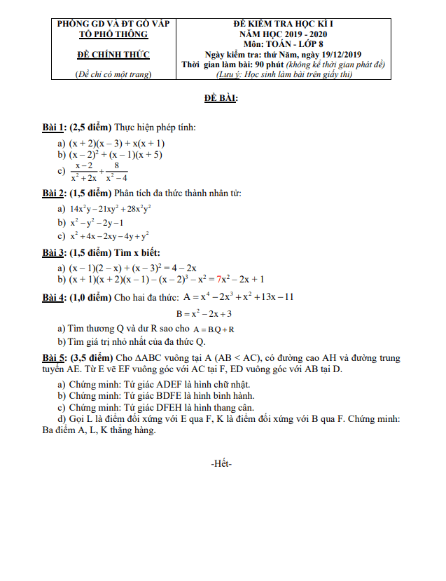 Đề thi học kỳ 1 Toán 8 năm 2019 – 2020 phòng GD&ĐT Gò Vấp – TP HCM