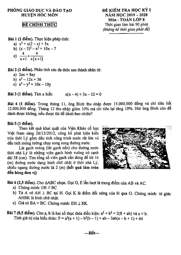 Đề thi học kỳ 1 Toán 8 năm 2019 – 2020 phòng GD&ĐT Hóc Môn – TP HCM