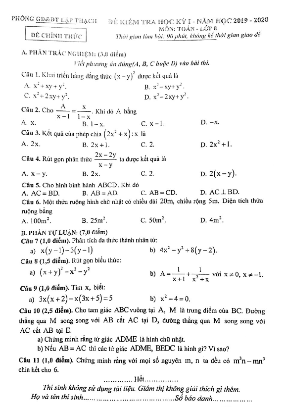 Đề thi học kỳ 1 Toán 8 năm 2019 – 2020 phòng GD&ĐT Lập Thạch – Vĩnh Phúc