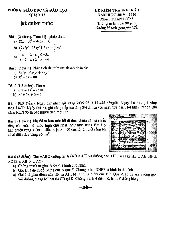 Đề thi học kỳ 1 Toán 8 năm 2019 – 2020 phòng GD&ĐT Quận 12 – TP HCM